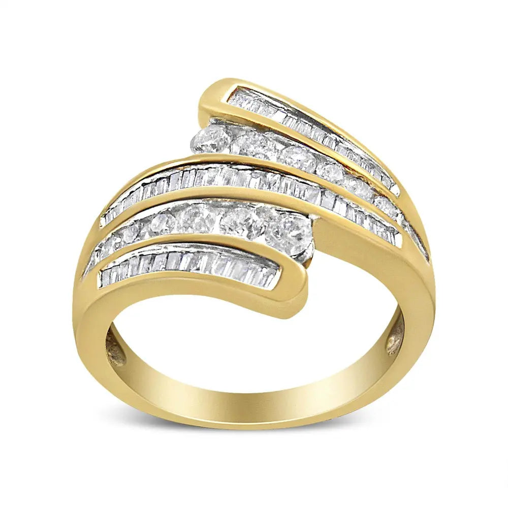 10K Yellow Gold 1 Cttw Round and Baguette-Cut Diamond Multi Row Bypass Ring Band (H-I Color, I1-I2 Clarity) - Bijoux-NYC Direct