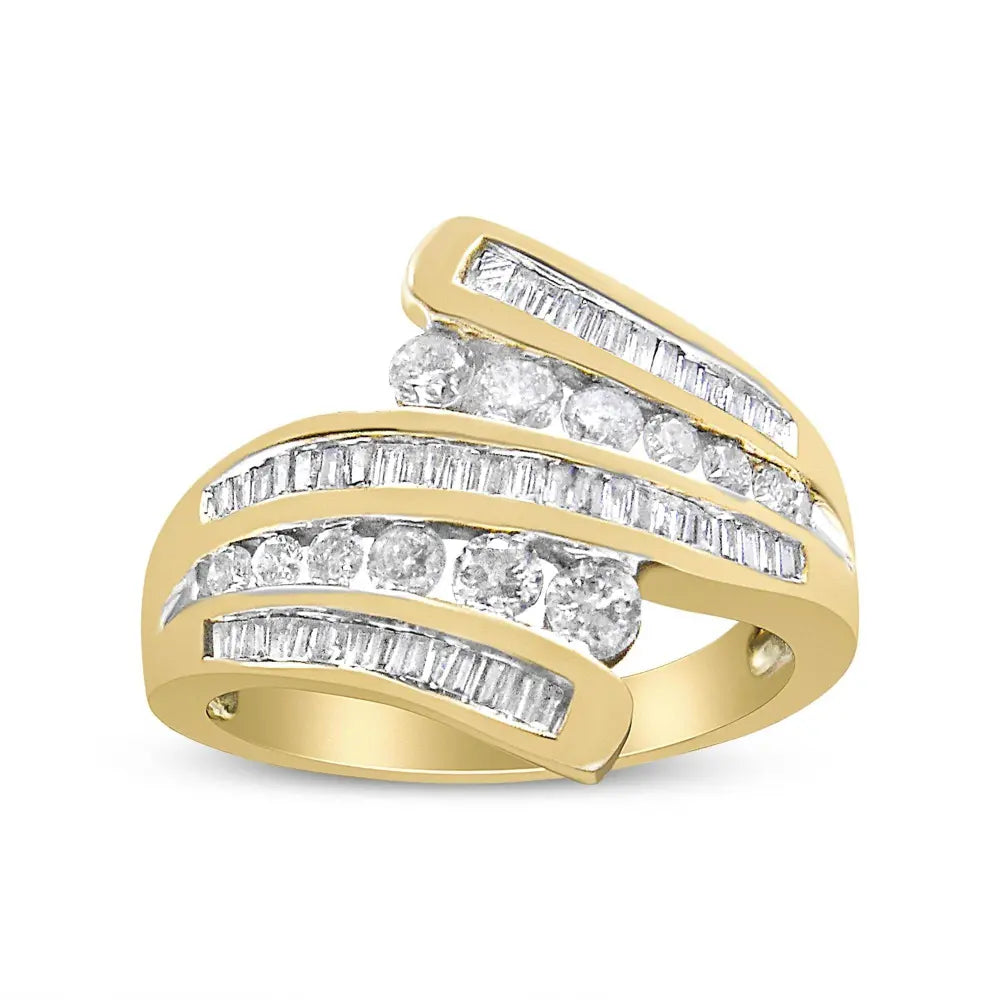 10K Yellow Gold 1 Cttw Round and Baguette-Cut Diamond Multi Row Bypass Ring Band (H-I Color, I1-I2 Clarity) - Bijoux-NYC Direct
