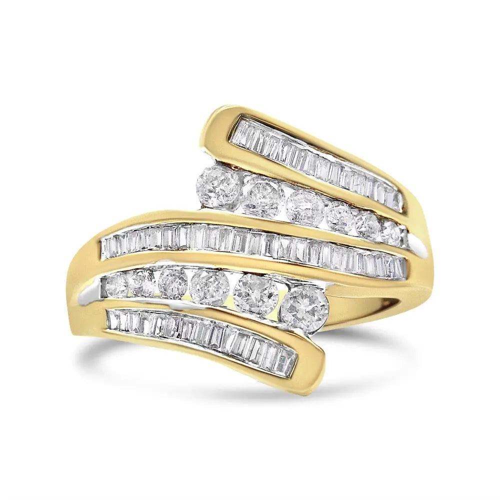 10k yellow gold 1 cttw round and baguette diamond multi row bypass ring bijoux-nyc direct