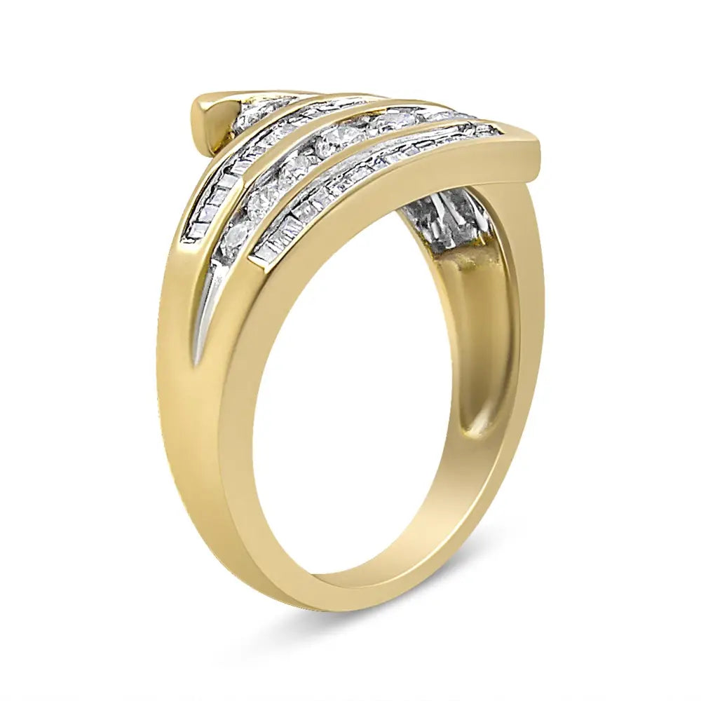 10k yellow gold 1 cttw round and baguette diamond multi row bypass ring bijoux-nyc direct