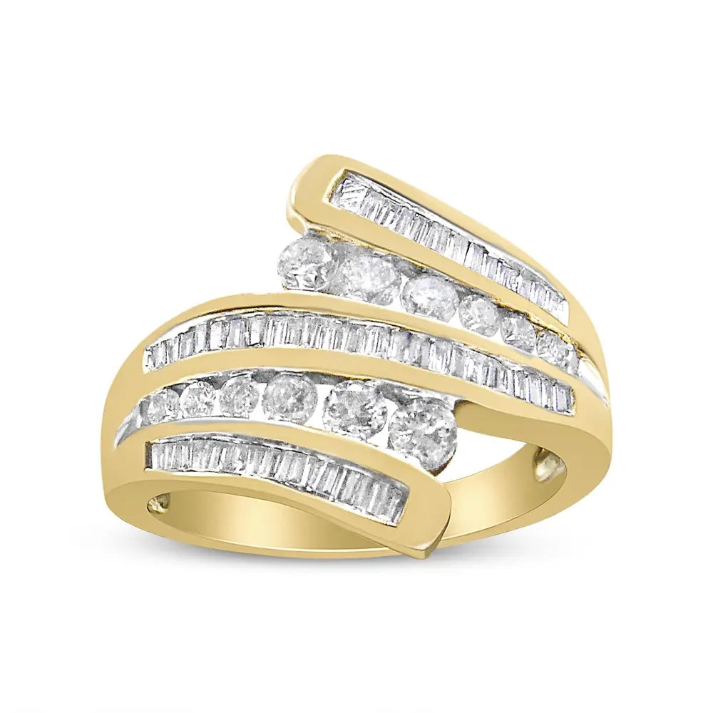 10k yellow gold 1 cttw round and baguette diamond multi row bypass ring bijoux-nyc direct