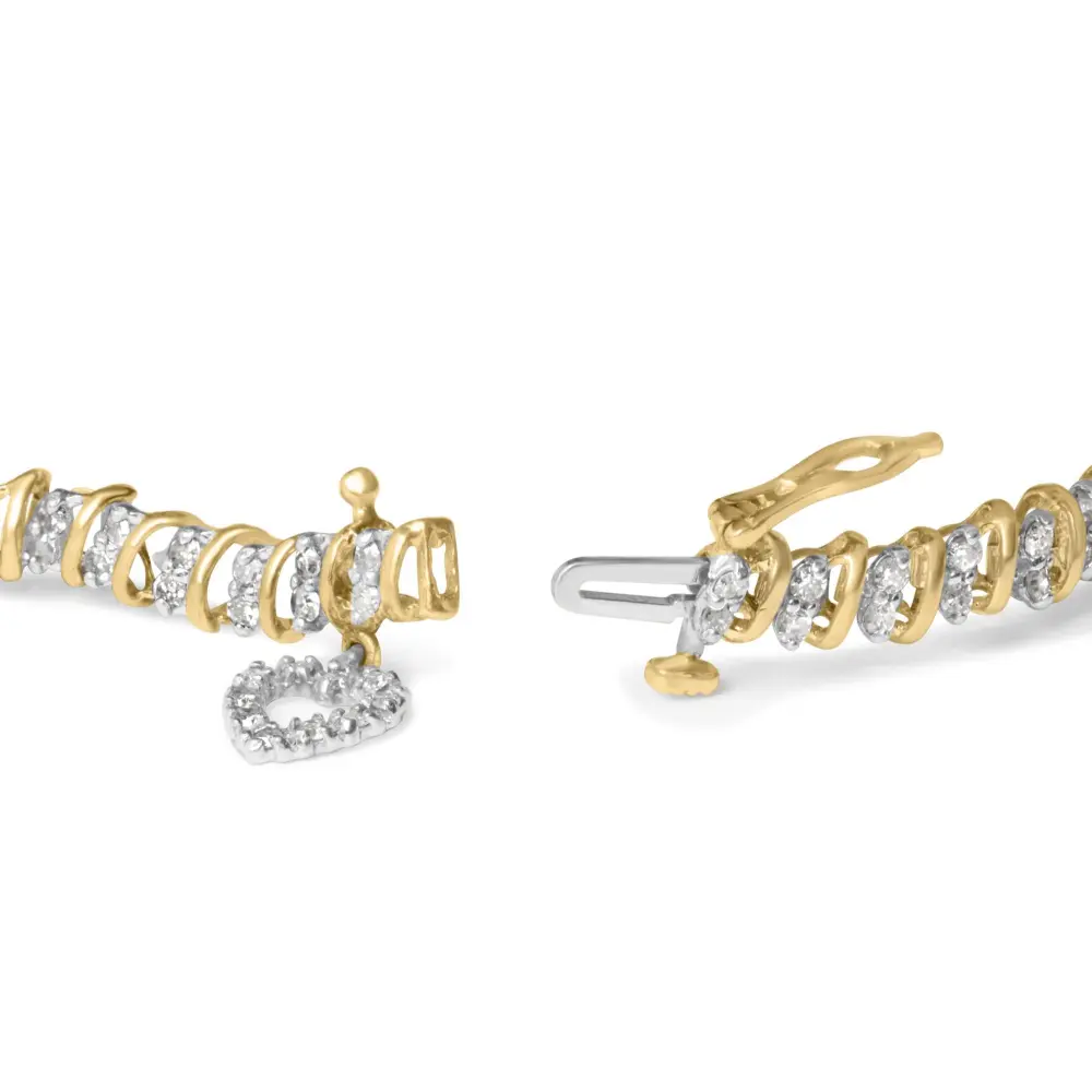 10k yellow gold 2.0 cttw diamond 2 row link and heart charm 7’’ bracelet (i j color i3 clarity) bracelets/bracelet/charm