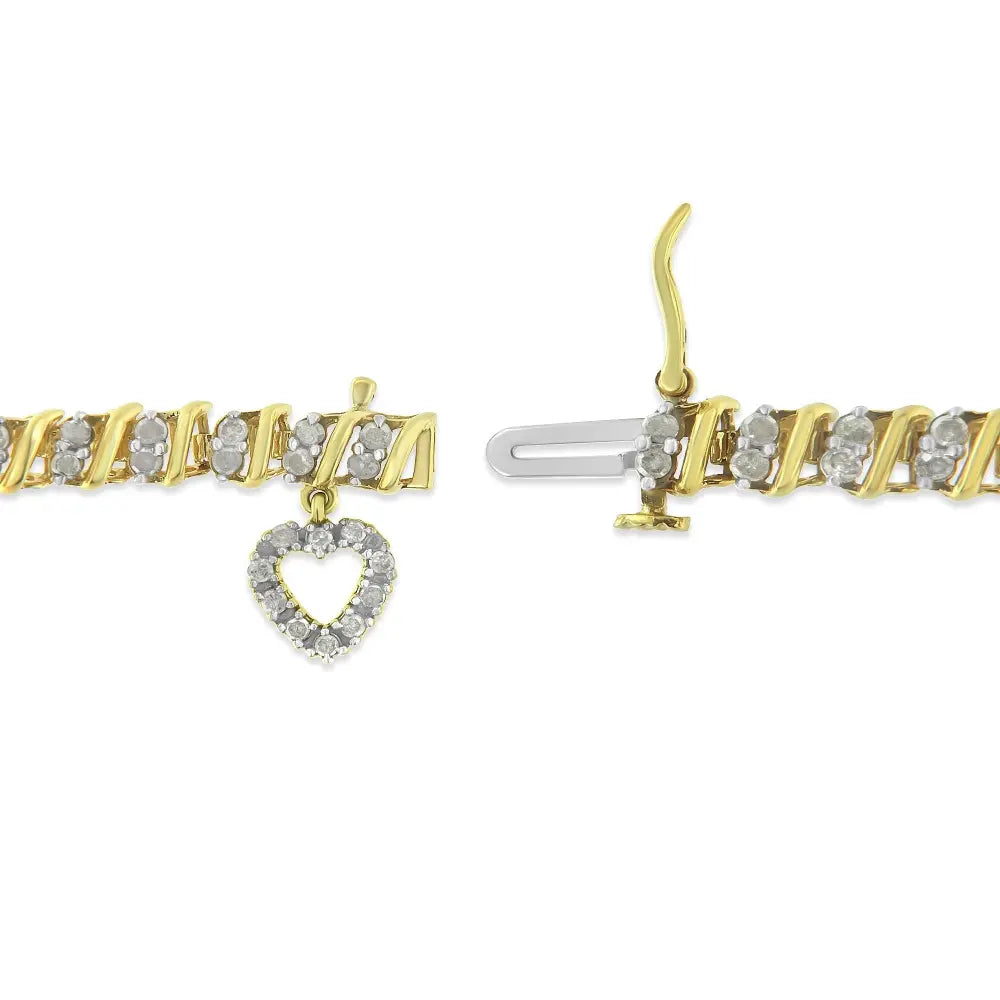 10k yellow gold 2.0 cttw diamond 2 row link and heart charm 7’’ bracelet (i j color i3 clarity) bracelets/bracelet/charm