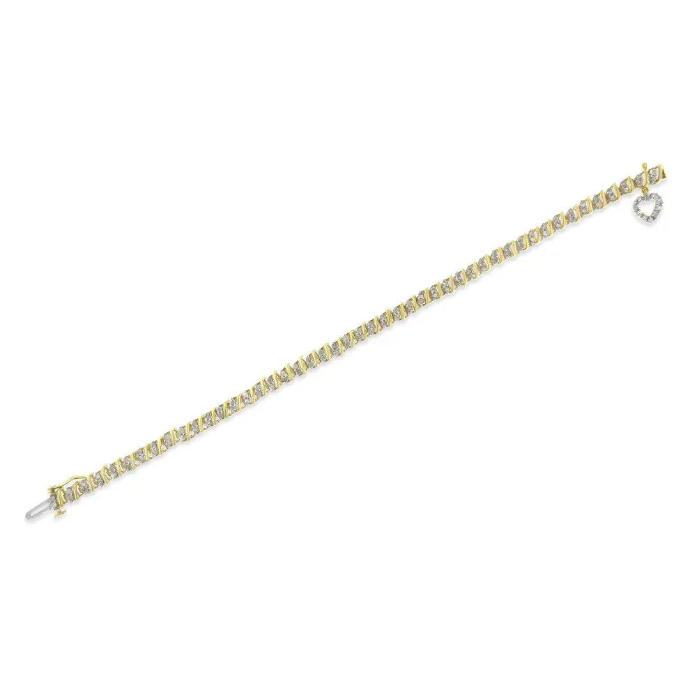 10k yellow gold 2.0 cttw diamond 2 row link and heart charm 7’’ bracelet (i j color i3 clarity) bracelets/bracelet/charm