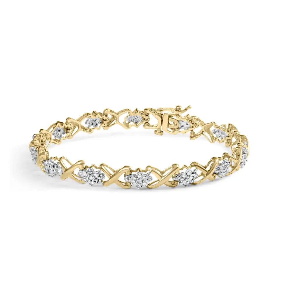 10k yellow gold 2.00 cttw diamond cluster and alternating ’x’ link bracelet (i j color i3 clarity) 7’’ bracelets/bracelet/link