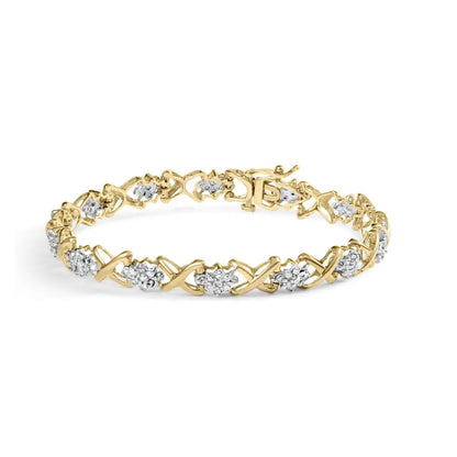 10k yellow gold 2.00 cttw diamond cluster and alternating ’x’ link bracelet (i j color i3 clarity) 7’’ bracelets/bracelet/link
