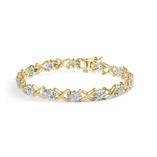 10k yellow gold 2.00 cttw diamond cluster and alternating ’x’ link bracelet (i j color i3 clarity) 7’’ bracelets/bracelet/link