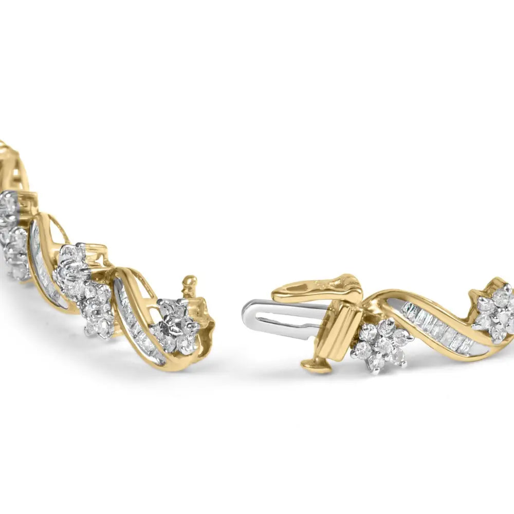 10k yellow gold 3.00 cttw round and baguette diamond floral link bracelet bijoux-nyc direct