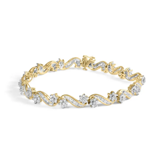 10k yellow gold 3.00 cttw round cut and baguette floral link 7.25’’ bracelet (i j color i1 i2 clarity) bracelets/bracelet/link