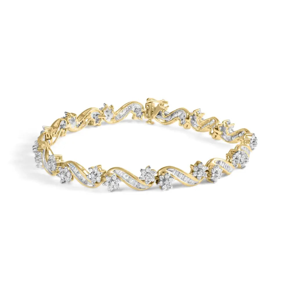 10k yellow gold 3.00 cttw round and baguette diamond floral link bracelet bijoux-nyc direct