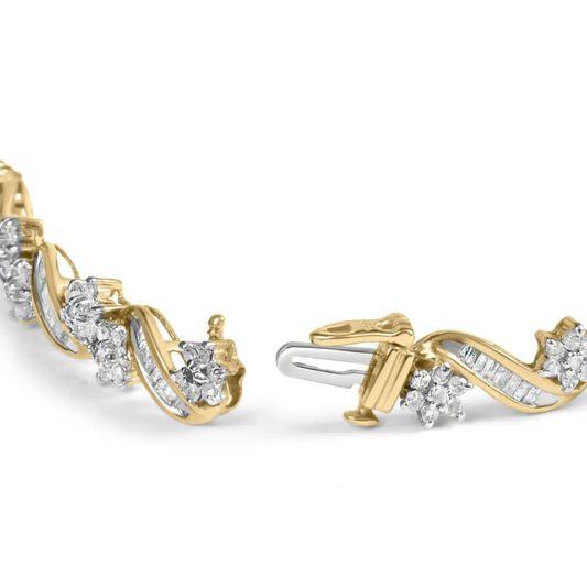 10k yellow gold 3.00 cttw round cut and baguette floral link 7.25’’ bracelet (i j color i1 i2 clarity) bracelets/bracelet/link