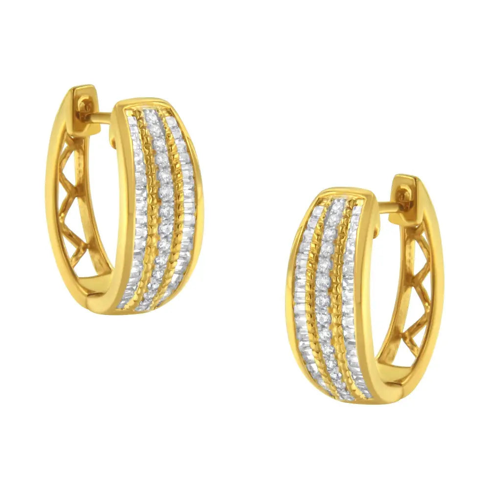 10k yellow gold 3/4 cttw triple row pave and channel diamond hoop earrings bijoux-nyc direct
