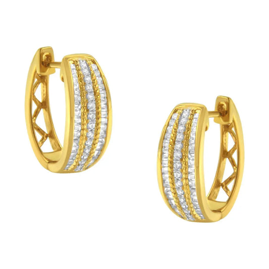10K Yellow Gold 3/4 Cttw Pave and Channel Set Diamond Triple Row Modern Hoop Earrings (I-J Color, I2-I3 Clarity) - Bijoux-NYC Direct