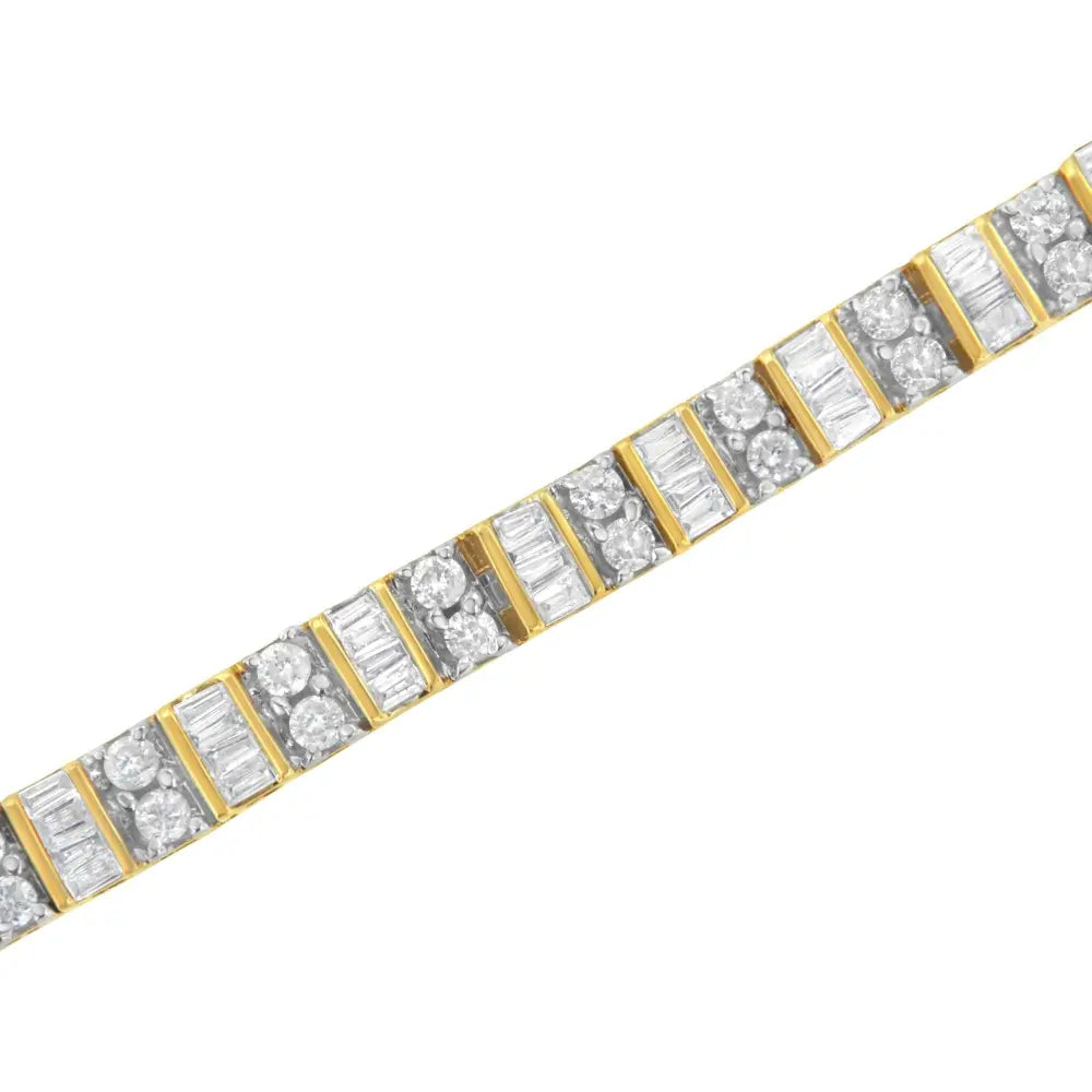 10k yellow gold 4.0 cttw alternating baguette & round cut diamond bezel prong set 7’’ tennis bracelet (g h color si1 si2 clarity)