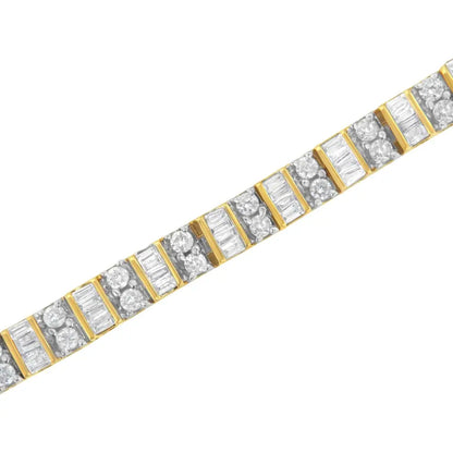10k yellow gold 4.0 cttw alternating baguette & round cut diamond bezel prong set 7’’ tennis bracelet (g h color si1 si2 clarity)
