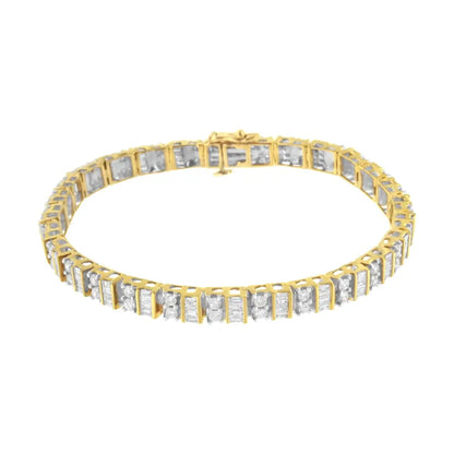 10k yellow gold 4.0 cttw alternating baguette & round cut diamond bezel prong set 7’’ tennis bracelet (g h color si1 si2 clarity)