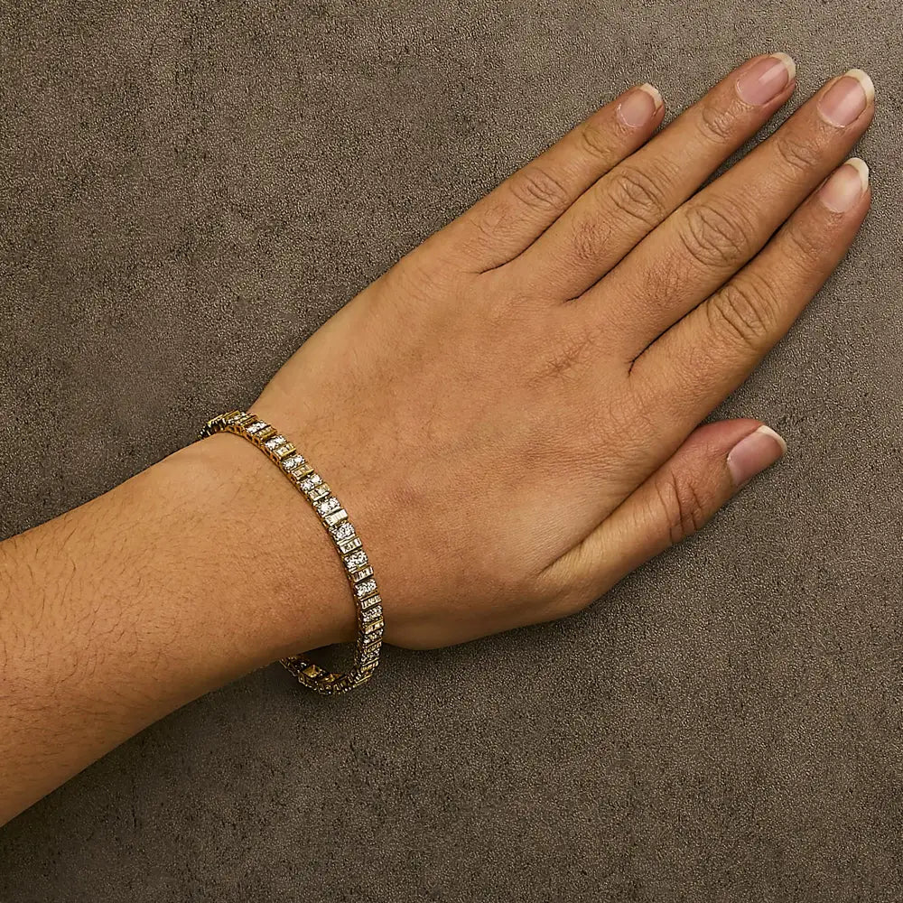 10k yellow gold 4.0 cttw baguette and round diamond 7’’ tennis bracelet bijoux-nyc direct
