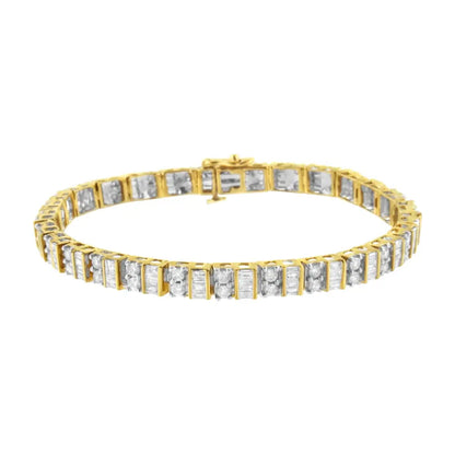 10k yellow gold 4.0 cttw alternating baguette & round cut diamond bezel prong set 7’’ tennis bracelet (g h color si1 si2 clarity)