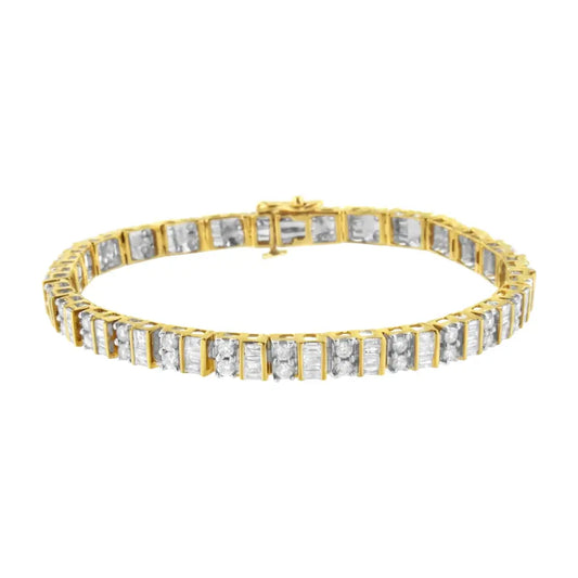 10k yellow gold 4.0 cttw alternating baguette & round cut diamond bezel prong set 7’’ tennis bracelet (g h color si1 si2 clarity)