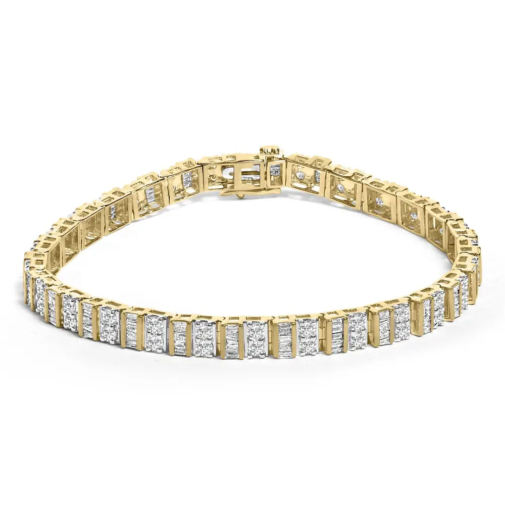 10k yellow gold 4.0 cttw baguette and round diamond 7’’ tennis bracelet bijoux-nyc direct
