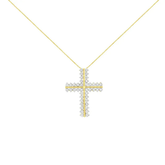 10K Yellow Gold 4.0 Cttw Diamond Two Row Cross 18" Pendant Necklace (J-K Clarity, I1-I2 Color) - Bijoux-NYC Direct