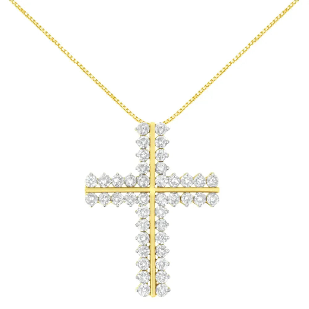 10K Yellow Gold 4.0 Cttw Diamond Two Row Cross 18" Pendant Necklace (J-K Clarity, I1-I2 Color) - Bijoux-NYC Direct