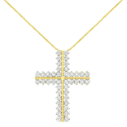 10K Yellow Gold 4.0 Cttw Diamond Two Row Cross 18" Pendant Necklace (J-K Clarity, I1-I2 Color) - Bijoux-NYC Direct