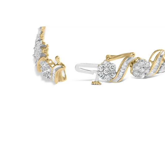 10k yellow gold 5.00 cttw round cut and baguette diamond floral link 7.25’’ bracelet (i j color i2 i3 clarity)