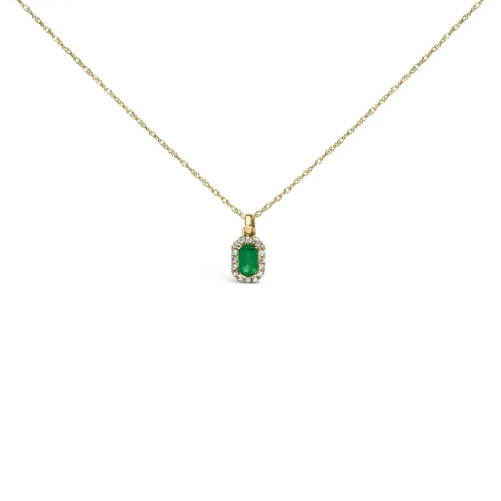 10k yellow gold 5x3mm green emerald and diamond accent halo octagonal shape 18’’ pendant necklace (i j color i1 i2 clarity)