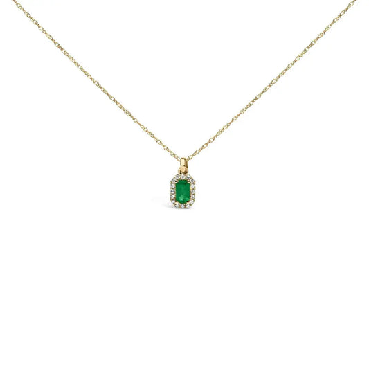 10k yellow gold 5x3mm green emerald and diamond accent halo octagonal shape 18’’ pendant necklace (i j color i1 i2 clarity)