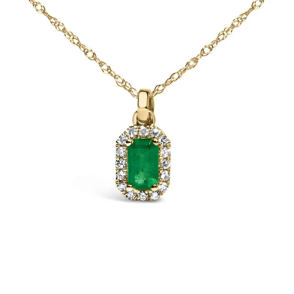 10k yellow gold 5x3mm green emerald and diamond accent halo octagonal shape 18’’ pendant necklace (i j color i1 i2 clarity)