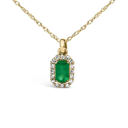 10k yellow gold 5x3mm green emerald and diamond accent halo octagonal shape 18’’ pendant necklace (i j color i1 i2 clarity)