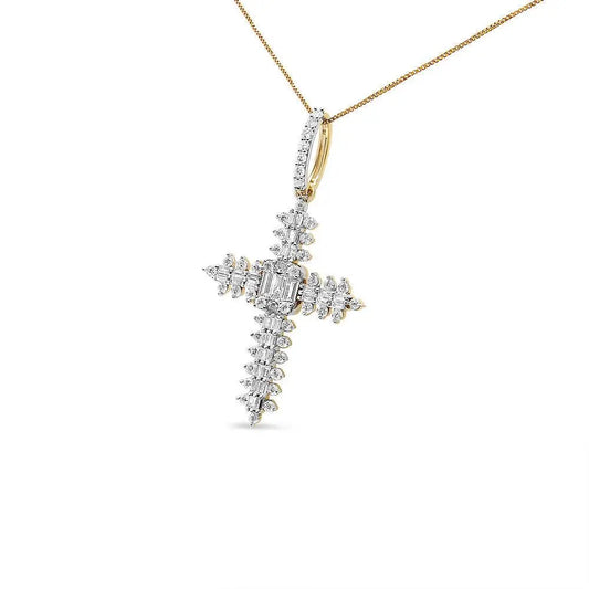 10K Yellow Gold 7/8 Cttw Round & Baguette Diamond Zigzag Pattern Cross Pendant Necklace (H-I Color, SI2-I1 Clarity) - NO CHAIN INCLUDED - Bijoux-NYC Direct
