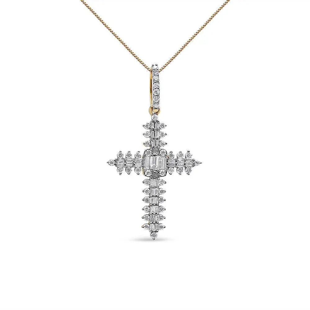 10K Yellow Gold 7/8 Cttw Round & Baguette Diamond Zigzag Pattern Cross Pendant Necklace (H-I Color, SI2-I1 Clarity) - NO CHAIN INCLUDED - Bijoux-NYC Direct