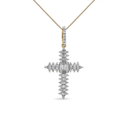10K Yellow Gold 7/8 Cttw Round & Baguette Diamond Zigzag Pattern Cross Pendant Necklace (H-I Color, SI2-I1 Clarity) - NO CHAIN INCLUDED - Bijoux-NYC Direct
