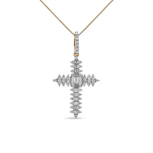 10K Yellow Gold 7/8 Cttw Round & Baguette Diamond Zigzag Pattern Cross Pendant Necklace (H-I Color, SI2-I1 Clarity) - NO CHAIN INCLUDED - Bijoux-NYC Direct