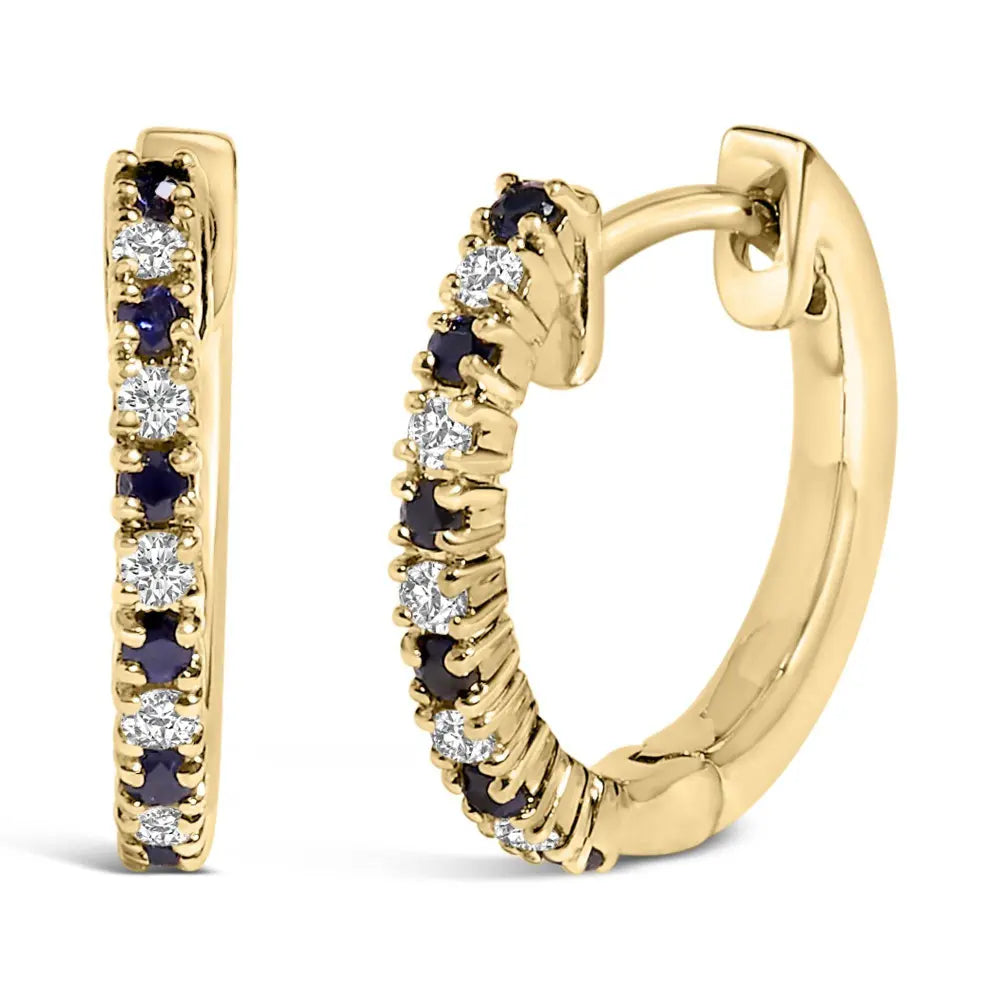 10K Yellow Gold Alternating Blue Sapphire 1/10 Cttw Diamond Huggy Hoop Earrings (I-J Color, I1-I2 Clarity) - Bijoux-NYC Direct