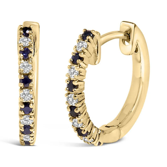 10K Yellow Gold Alternating Blue Sapphire 1/10 Cttw Diamond Huggy Hoop Earrings (I-J Color, I1-I2 Clarity) - Bijoux-NYC Direct
