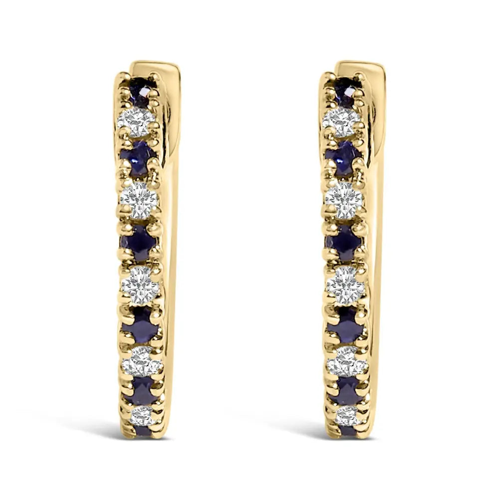10K Yellow Gold Alternating Blue Sapphire 1/10 Cttw Diamond Huggy Hoop Earrings (I-J Color, I1-I2 Clarity) - Bijoux-NYC Direct