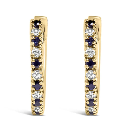 10K Yellow Gold Alternating Blue Sapphire 1/10 Cttw Diamond Huggy Hoop Earrings (I-J Color, I1-I2 Clarity) - Bijoux-NYC Direct