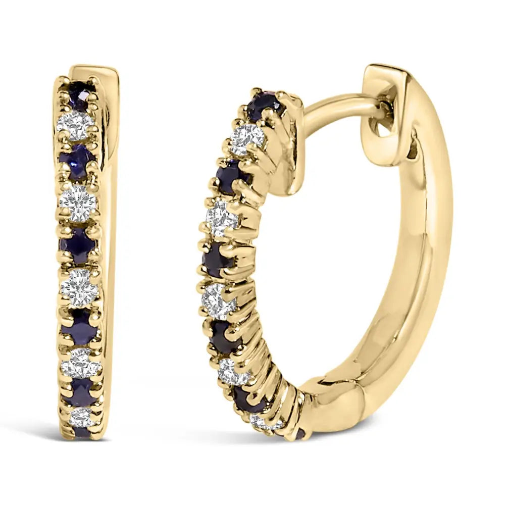 10k yellow gold blue sapphire and 1/10 cttw diamond huggy hoop earrings bijoux-nyc direct