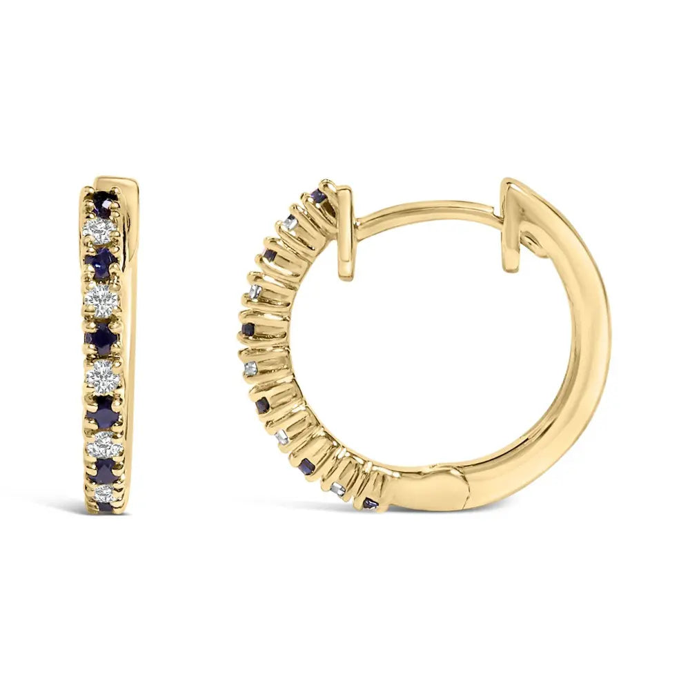 10K Yellow Gold Alternating Blue Sapphire 1/10 Cttw Diamond Huggy Hoop Earrings (I-J Color, I1-I2 Clarity) - Bijoux-NYC Direct