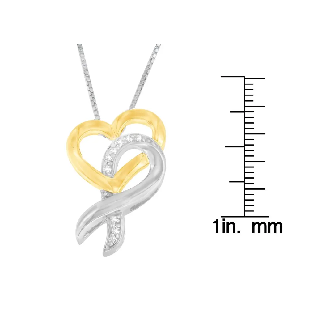 10K Yellow Gold and .925 Sterling Silver 1/20 cttw Diamond Ribbon-Heart Pendant Necklace (H-I, I1-I2) - Bijoux-NYC Direct