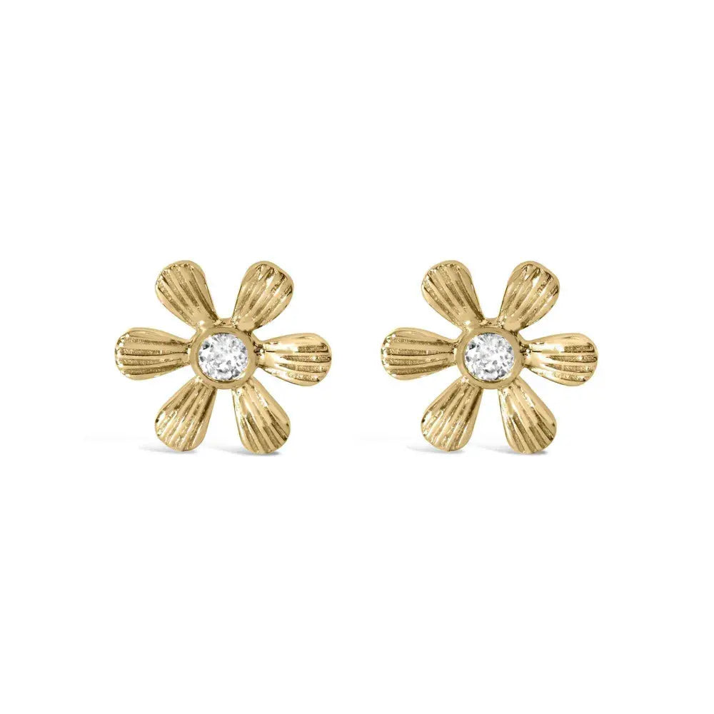 10K Yellow Gold Bezel Set Diamond Accent Hammered Finish Floral Stud Earrings (I-J Color, I1-I2 Clarity) - Bijoux-NYC Direct