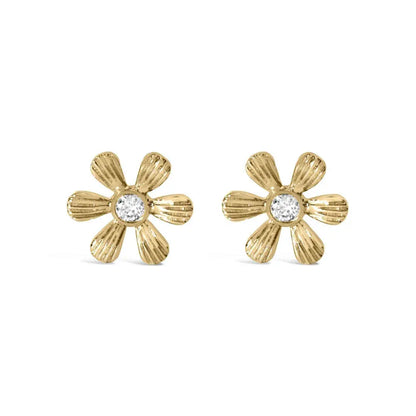 10K Yellow Gold Bezel Set Diamond Accent Hammered Finish Floral Stud Earrings (I-J Color, I1-I2 Clarity) - Bijoux-NYC Direct