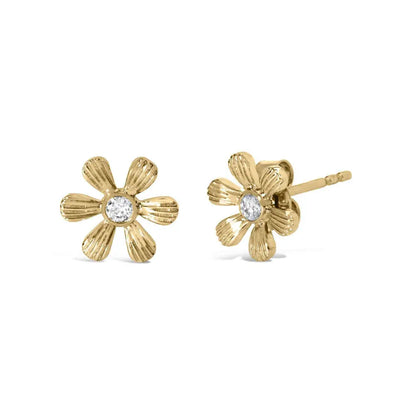 10K Yellow Gold Bezel Set Diamond Accent Hammered Finish Floral Stud Earrings (I-J Color, I1-I2 Clarity) - Bijoux-NYC Direct
