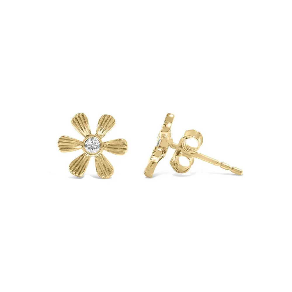 10K Yellow Gold Bezel Set Diamond Accent Hammered Finish Floral Stud Earrings (I-J Color, I1-I2 Clarity) - Bijoux-NYC Direct