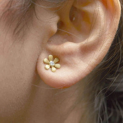 10K Yellow Gold Bezel Set Diamond Accent Hammered Finish Floral Stud Earrings (I-J Color, I1-I2 Clarity) - Bijoux-NYC Direct