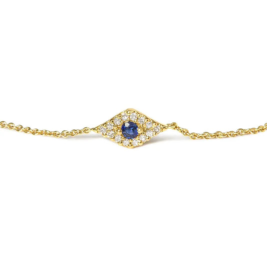 10k yellow gold blue sapphire and diamond accent evil eye station link bracelet (h i color i1 i2 clarity) size 7’’