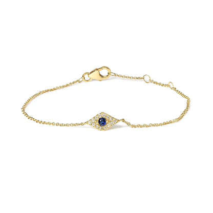 10k yellow gold blue sapphire and diamond accent evil eye station link bracelet (h i color i1 i2 clarity) size 7’’